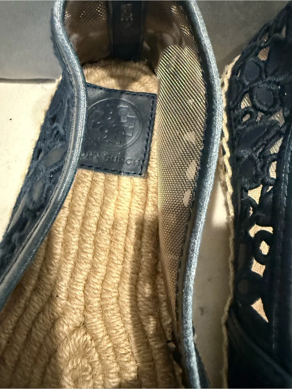 Tory Burch Navy Lace Espadrille Flats